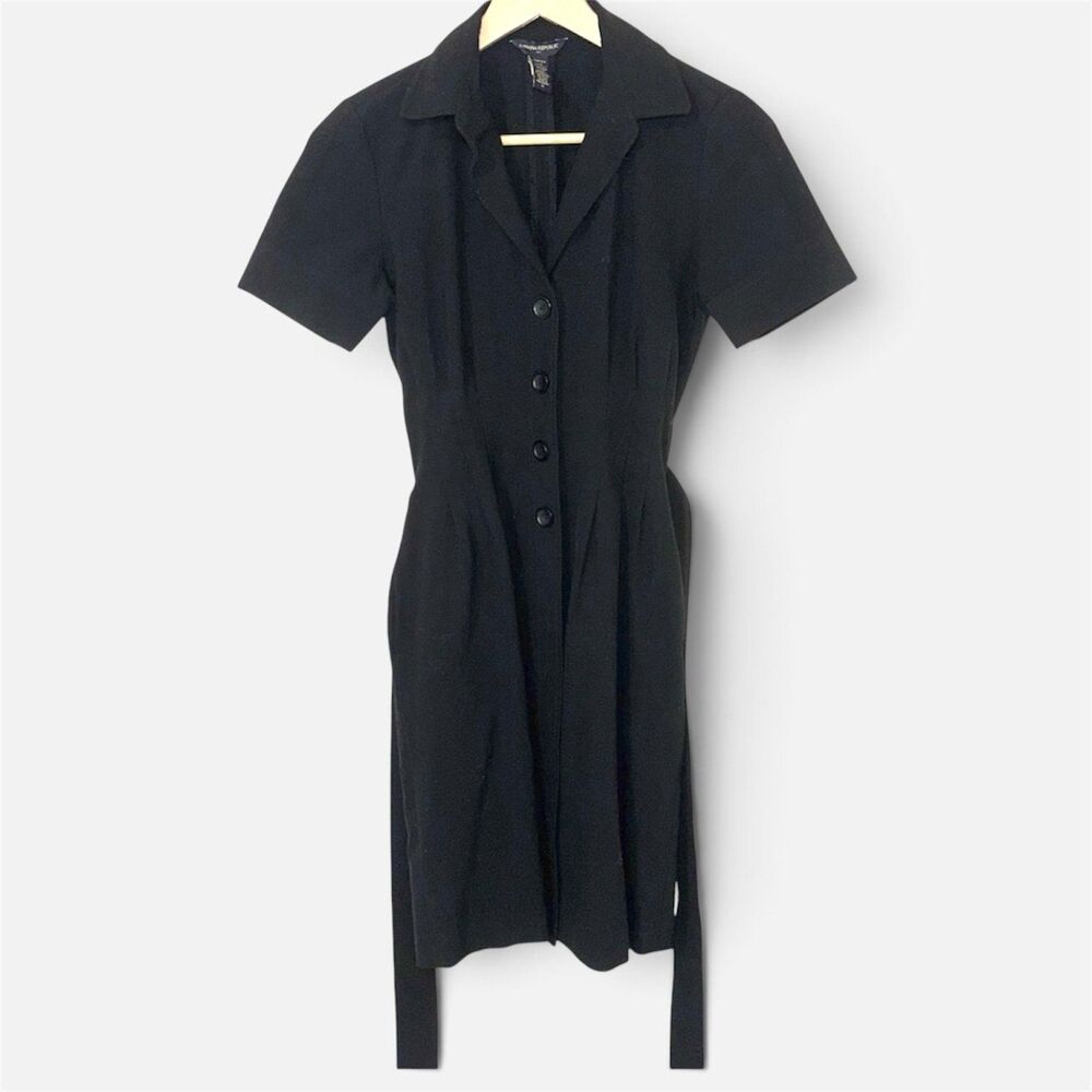 Banana Republic Women's Black Short Sleeve Button Front Belted Knee-Length Dress